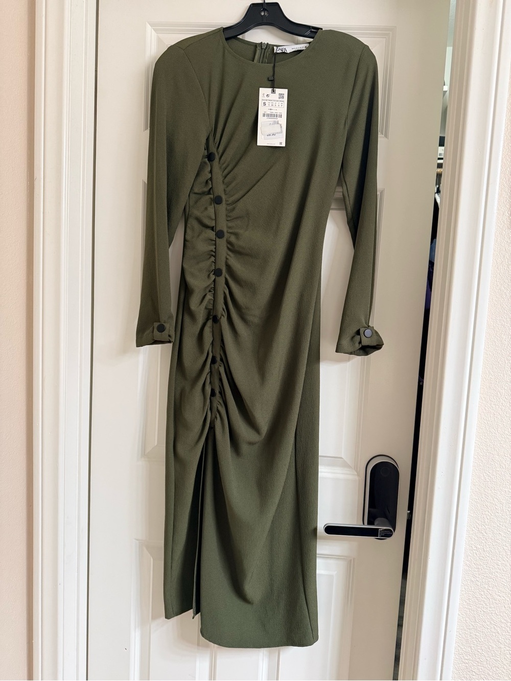 Zara Olive Ruched Long Sleeve Midi Dress